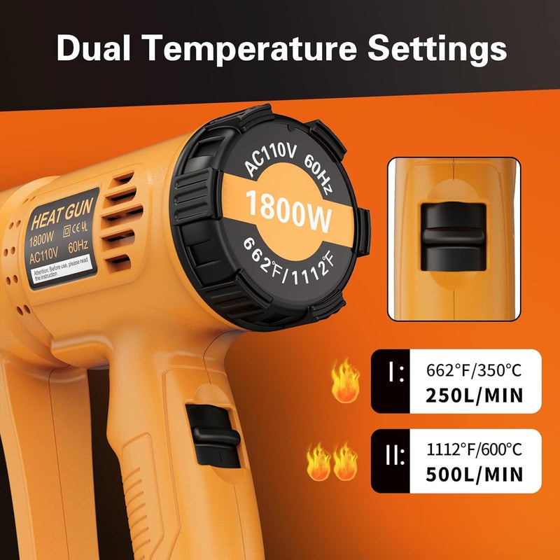 TGK Heat Gun, ® 1800W Heavy Duty Hot Air Gun Kit 662℉ & 1112℉ Dual Temperature Settings with 4 Nozzle Attachments Overload Protection for Crafts, Shrink Wrapping/Tubing, Paint Removing, Epoxy Resin - Image 2
